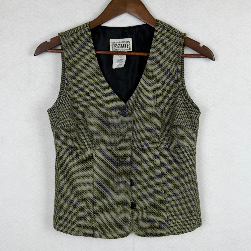 Ecru Vintage Vest Womens Small Green Navy Micro Check Waistcoat Dark Academia